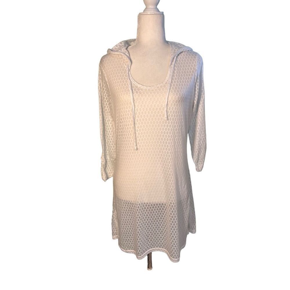 Balance Collection long sleeve white sheer mesh hooded swim coverup - M
